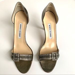 MANOLO BLAHNIK Rhinestone Buckle Patent Heels